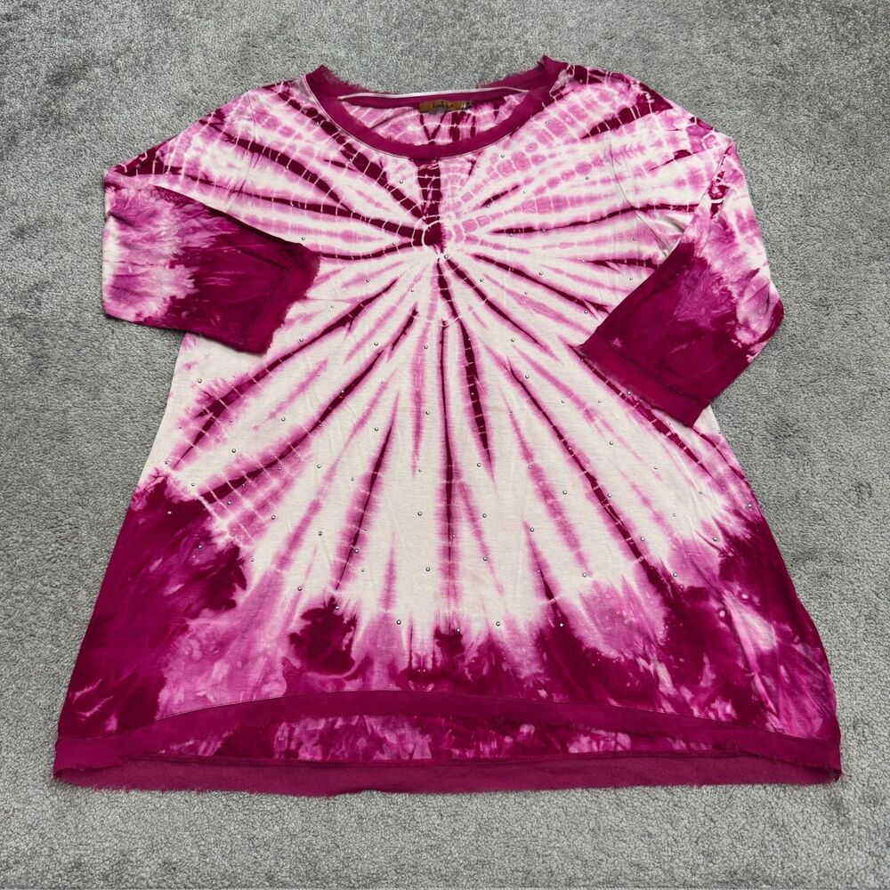 Belldini Tie Dye Rhinestone Studded Raw Edge Stretch Tunic Top Womens 1X Pink